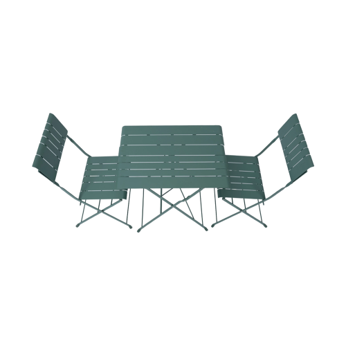 Sillas y mesa de listones plegables de metal para exteriores